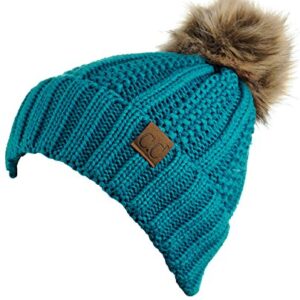 C.C Thick Cable Knit Faux Fuzzy Fur Pom Fleece Lined Skull Cap Cuff Beanie, Teal - Image 3